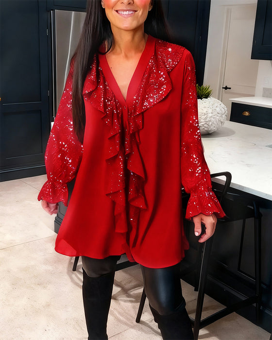 Icone™ SequinBlouse: Kvinders Ruffled V-hals Løs Pasform Lang Paillet Bluse