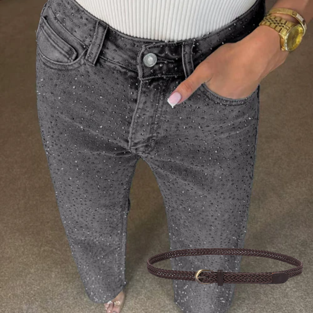 Icone™ SparklingJeans: Rhinsten-Udsmykkede Højtaljede Lige-Ben Mousserende Jeans Med Bælte