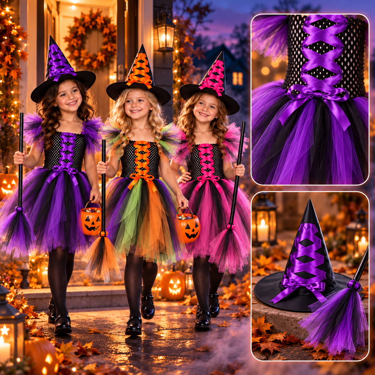 Kletshuts™  WitchCostume - Børns Heks Kostume Kjole, Hat Og Fejeblad Sæt