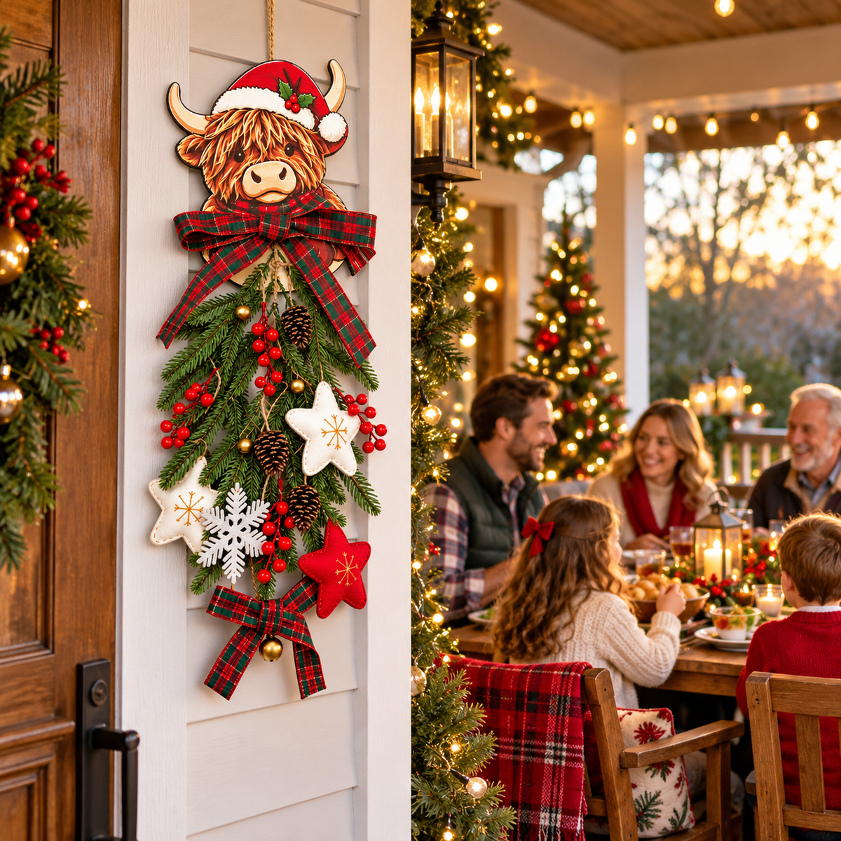 Ledsen™ HighlandWreath: 2D Highland Cow Julekrans Varm LED Lyskæde Festlig Dekoration