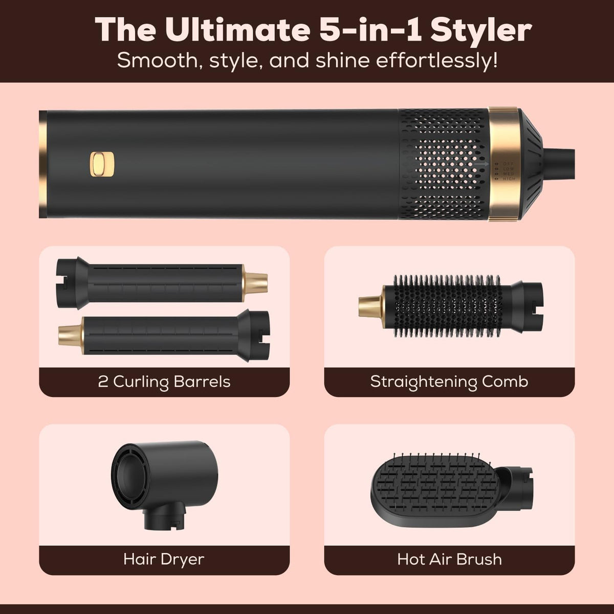 Rose® StylingBrush: 5-In-1 Udskiftelig Hår Føntørrer Og Styling Børste