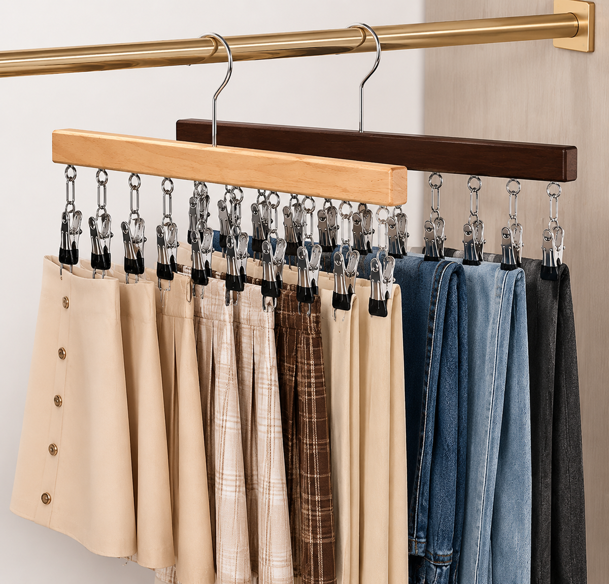 GlideHold® MultiHanger: Pladsbesparende Træ Multi Clips Tøjophæng