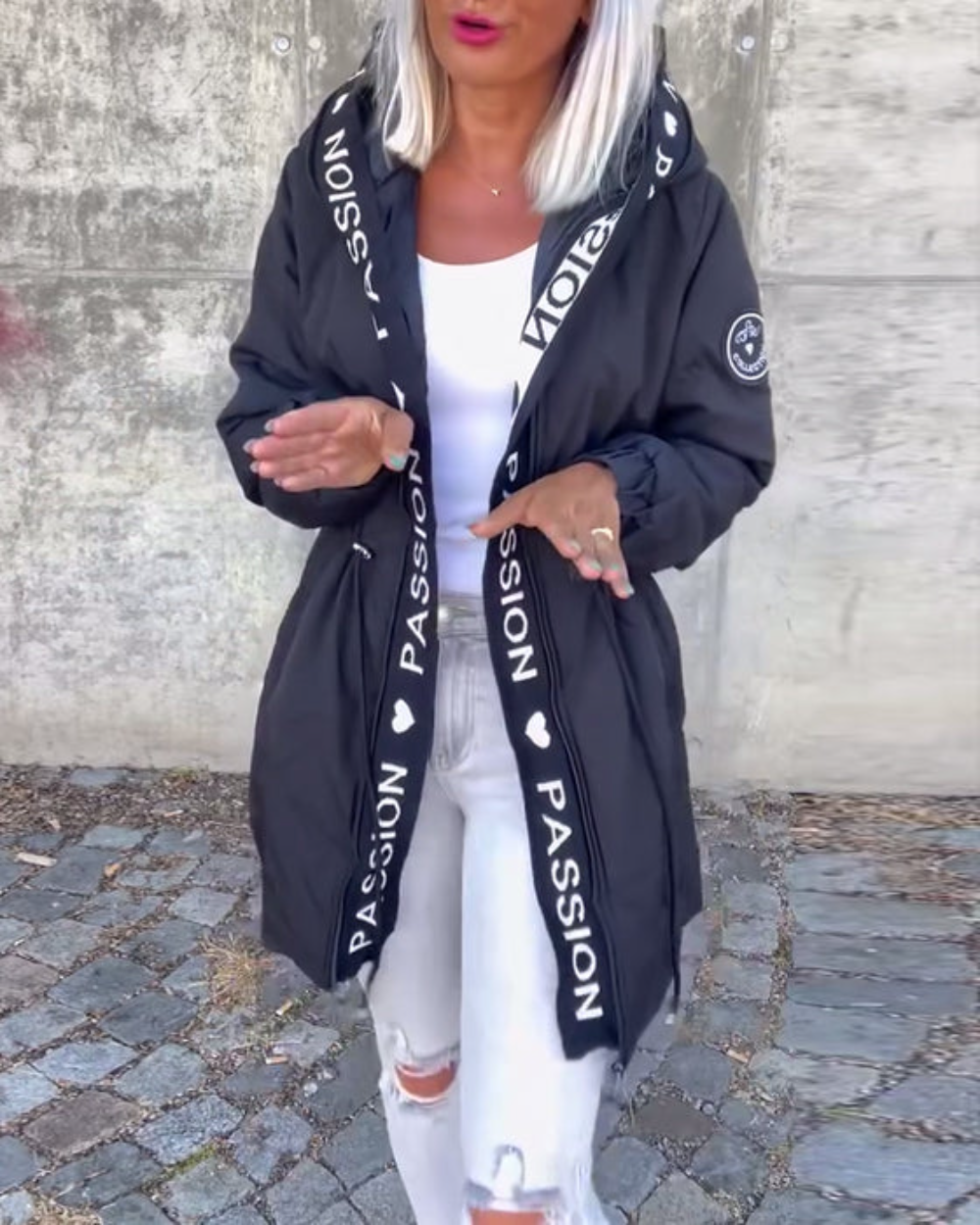 Icone™ HoodedJacket: Kvinders Casual Bogstav Print Snøre Hætte Jakke