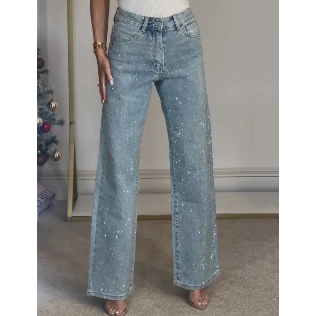 Icone™ SparklingJeans: Rhinsten-Udsmykkede Højtaljede Lige-Ben Mousserende Jeans Med Bælte