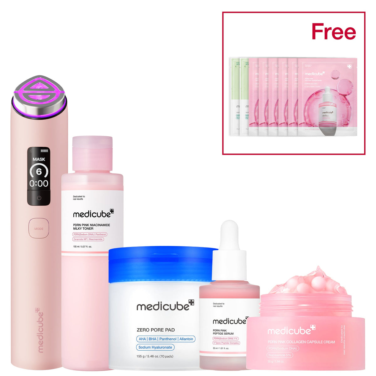 Plejesæt med ansigtsapparat i rosa, pads, ansigtsvand, serum og creme