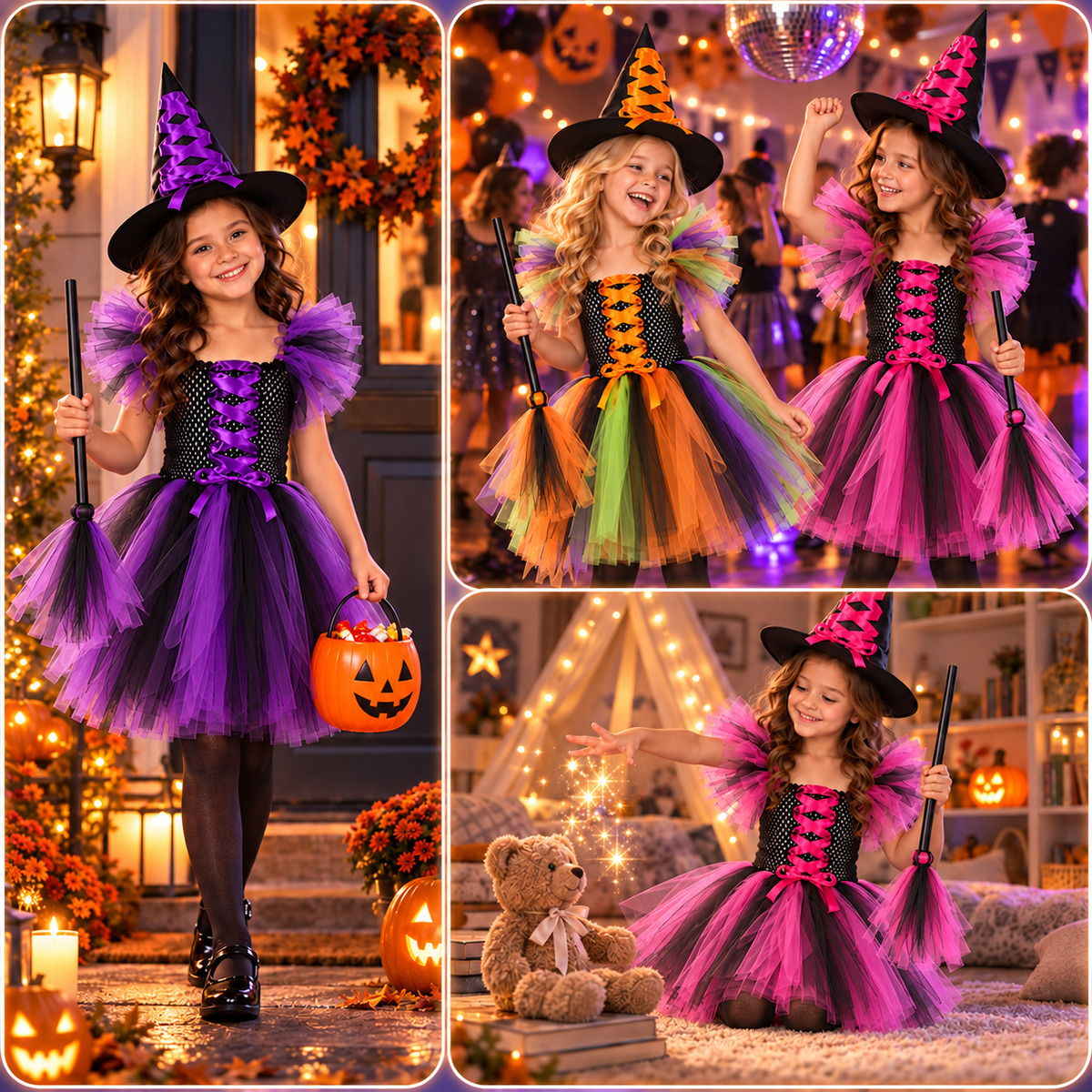 Kletshuts™  WitchCostume - Børns Heks Kostume Kjole, Hat Og Fejeblad Sæt