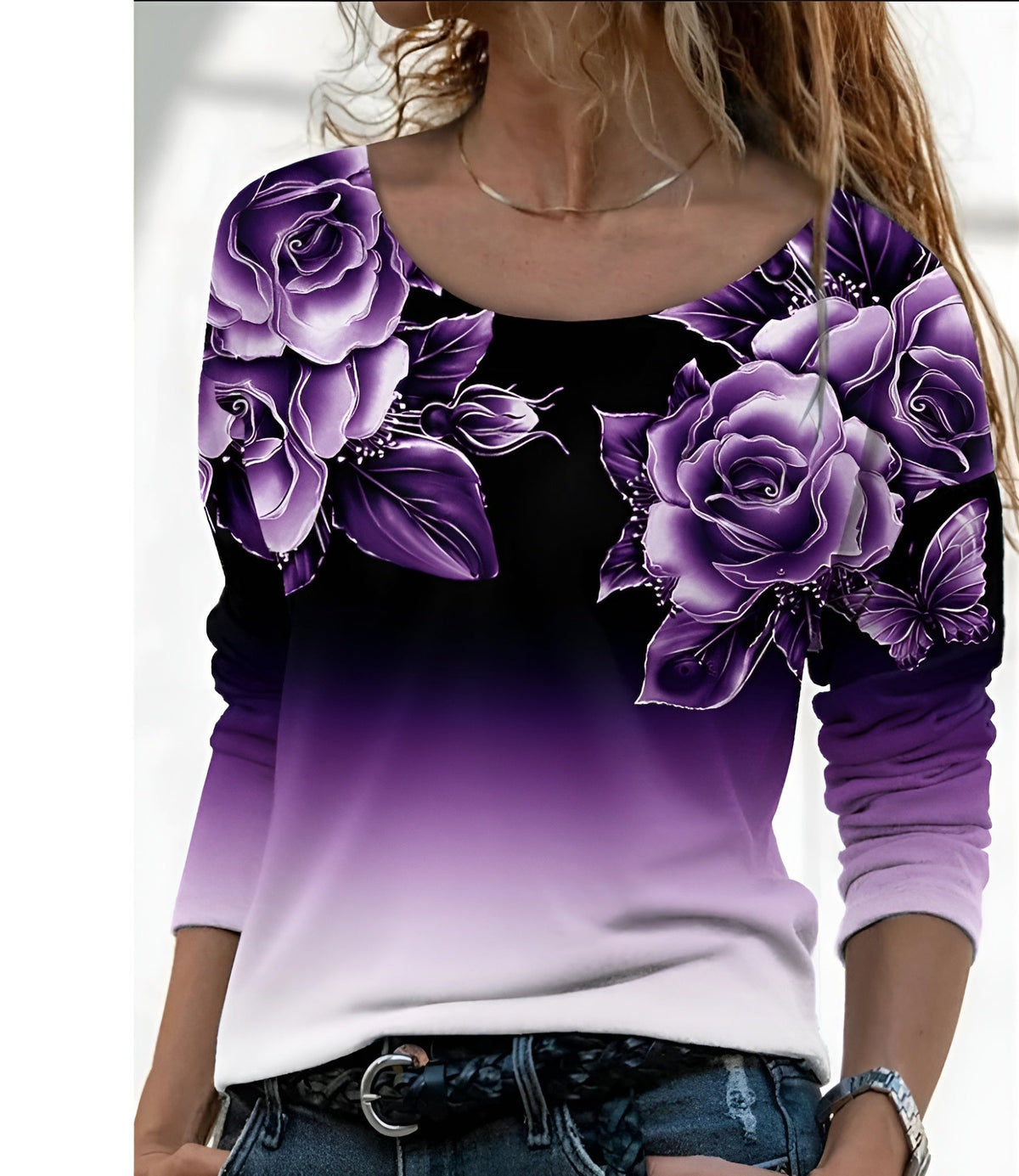 Icone™ FloralLongsleeves: Dame Afslappet Komfort Top Rund Hals Blomstret Langærmet