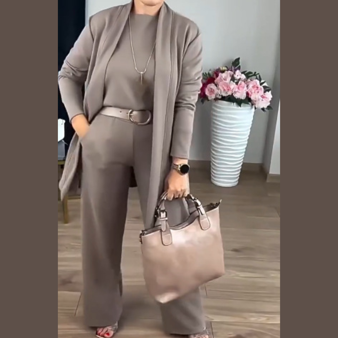 Icone™ ClassySet: Stilfuld Kvinder 3-Delt Lang Cardigan Og Bukser Elegant Sæt