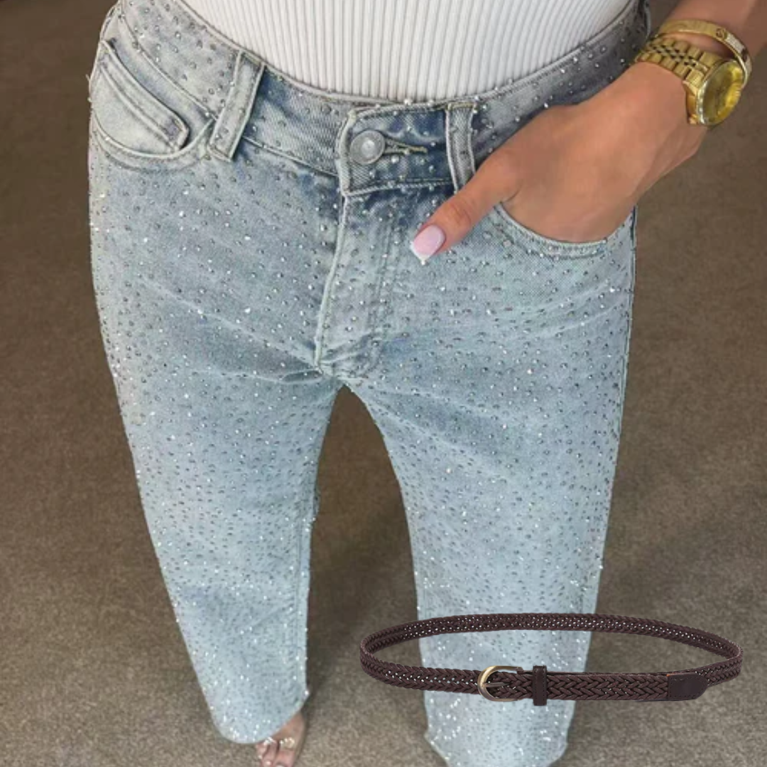 Icone™ SparklingJeans: Rhinsten-Udsmykkede Højtaljede Lige-Ben Mousserende Jeans Med Bælte