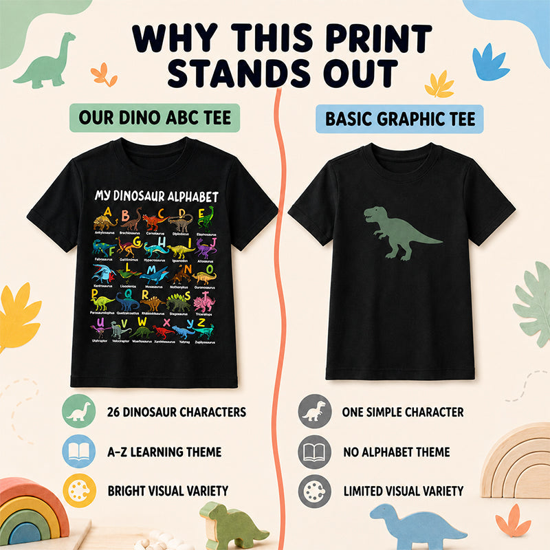 Kletshuts™ DinosaurShirt - Dinosaur Alfabet T-Shirt Til Drenge Og Piger