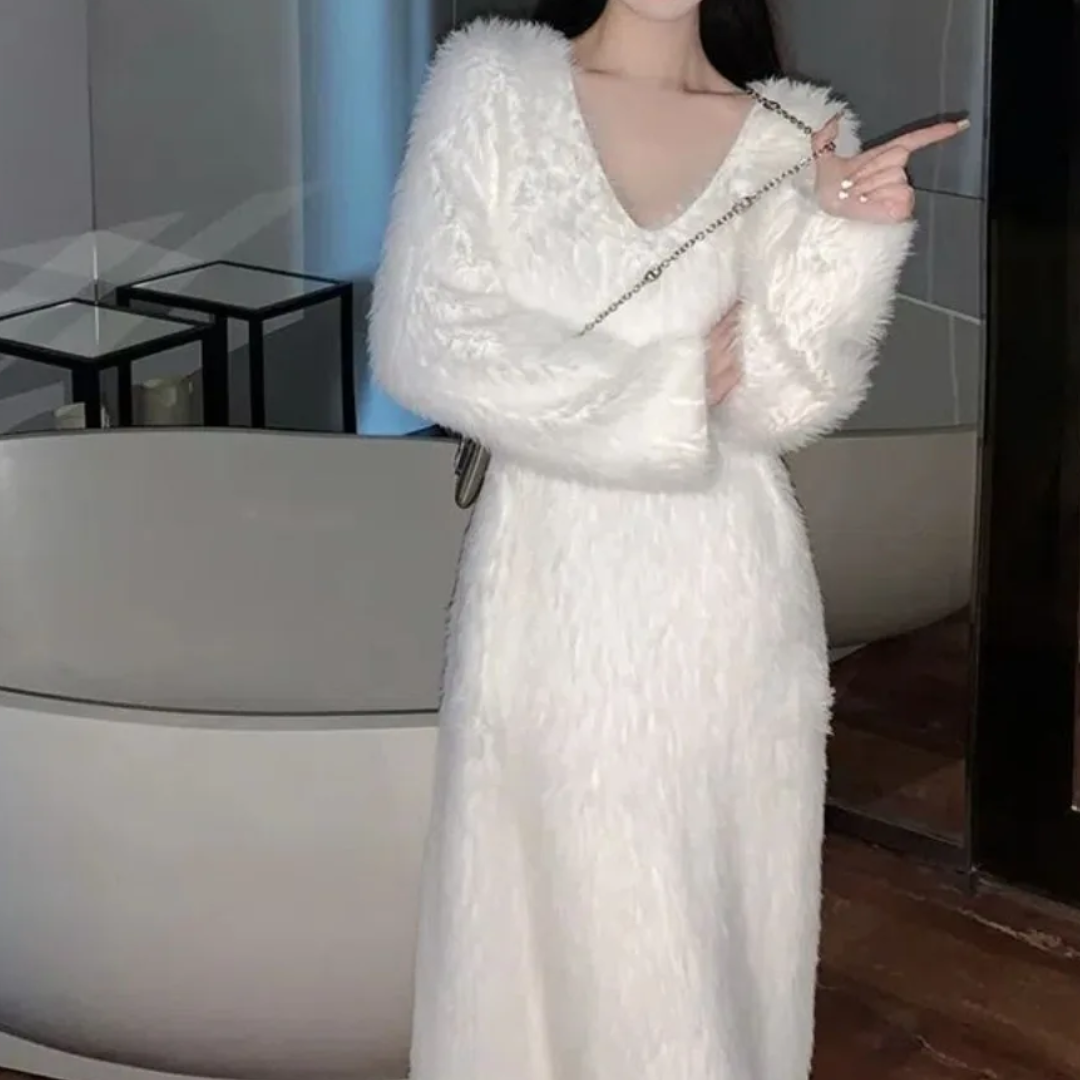 Icone™ CozyDress: Kvinders Elegante Faux-Blød V-Hals Maxi Hyggeligt Kjole