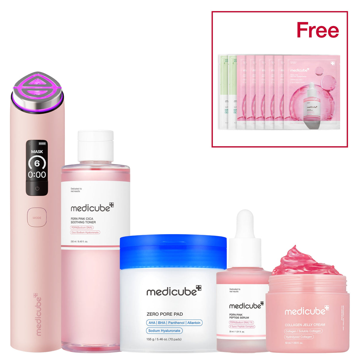Plejesæt med ansigtsapparat i rosa, pads, ansigtsvand, serum og creme