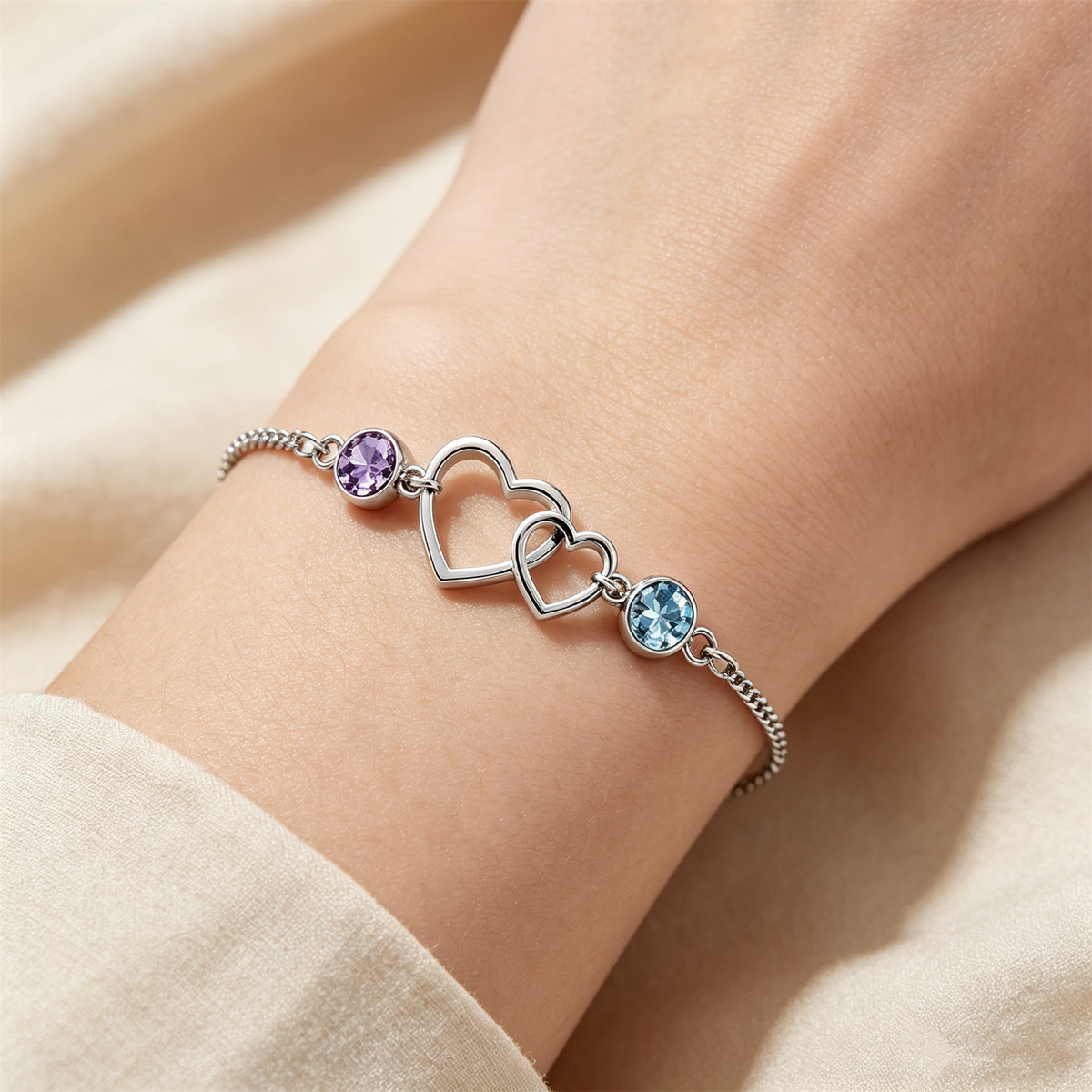 Jewelance™ DoubleHearts - Personliggjort Dobbelt Hjerter Fødselssten Modearmbånd