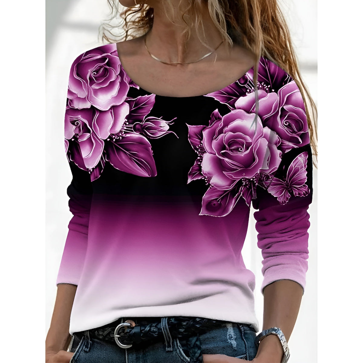 Icone™ FloralLongsleeves: Dame Afslappet Komfort Top Rund Hals Blomstret Langærmet