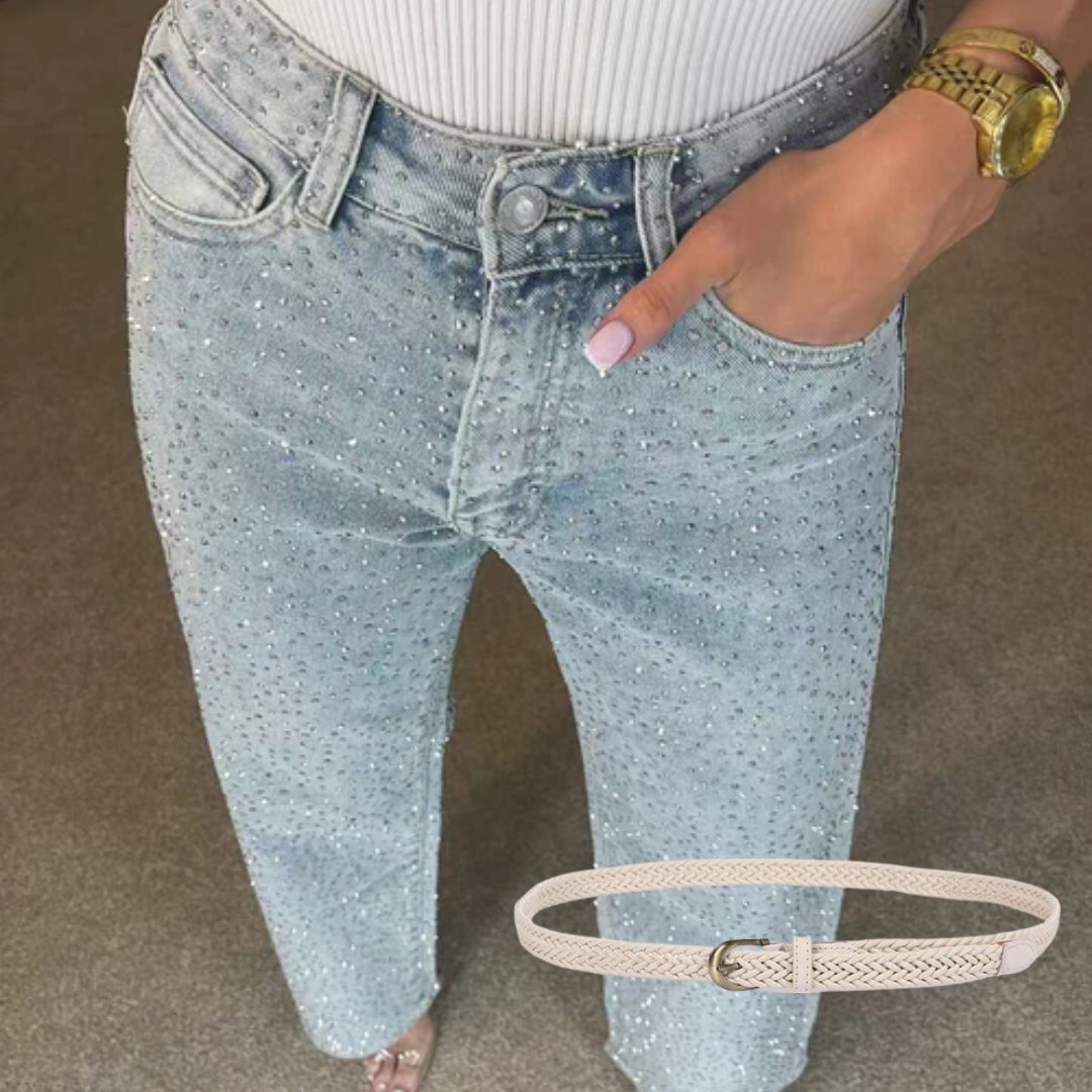 Icone™ SparklingJeans: Rhinsten-Udsmykkede Højtaljede Lige-Ben Mousserende Jeans Med Bælte