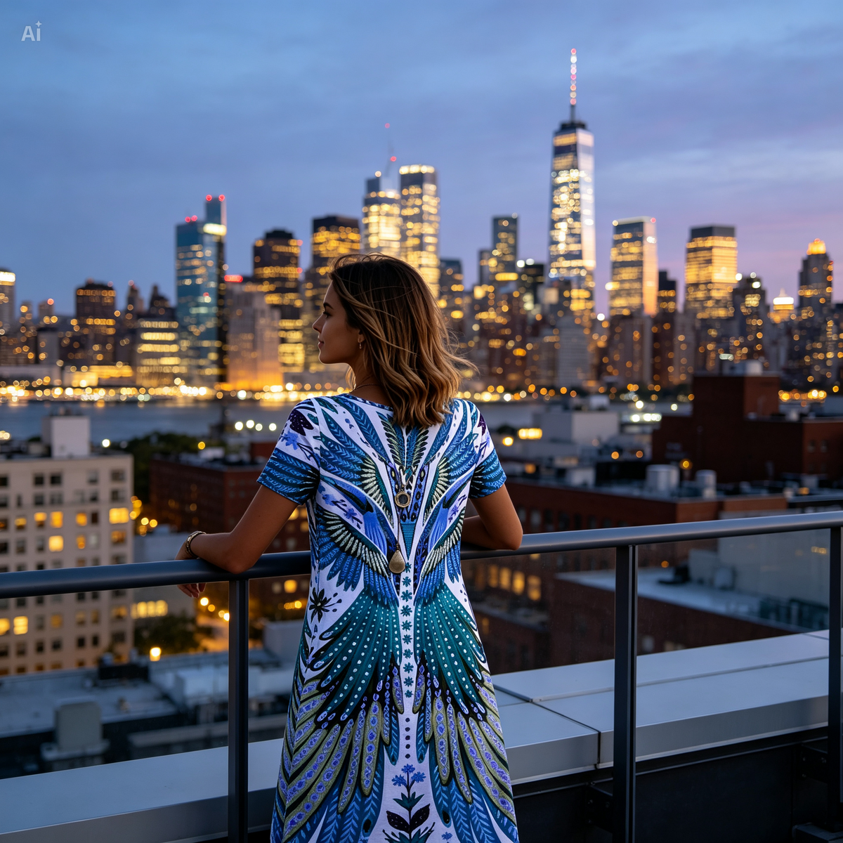 Icone™ PeacockDress - Påfugleprint Mini Kjole Med Korte Ærmer