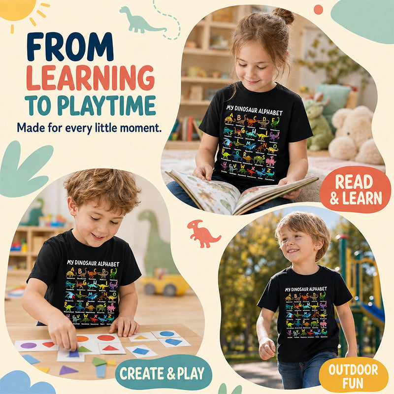 Kletshuts™ DinosaurShirt - Dinosaur Alfabet T-Shirt Til Drenge Og Piger