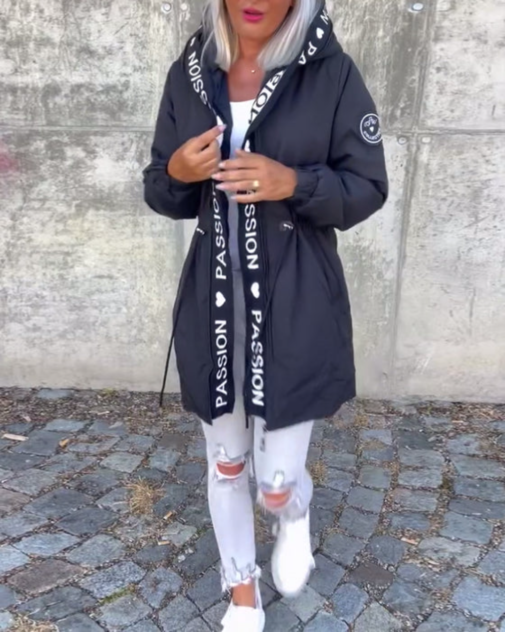 Icone™ HoodedJacket: Kvinders Casual Bogstav Print Snøre Hætte Jakke