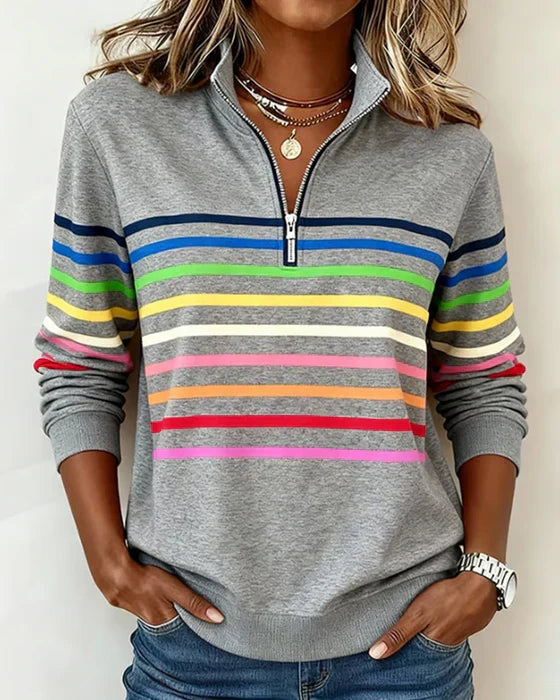 Icone™ ComfySweatshirt: Regnbue Stribe Casual Halv-Lynlås Komfortabel Sweatshirt