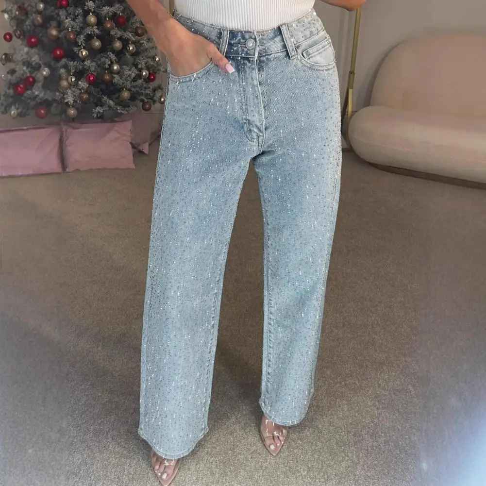 Icone™ SparklingJeans: Rhinsten-Udsmykkede Højtaljede Lige-Ben Mousserende Jeans Med Bælte