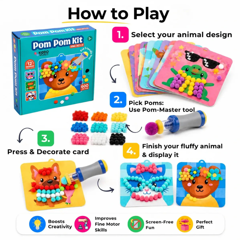 Kletshuts™ PompomKit – DIY 3D Kunst Dyr Fluffy Pom Poms Kit Til Børn