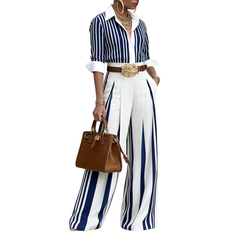 Icone™ StripedSet: Modevenlig Elegant Stribet Stil Matchende Sæt til Kvinder