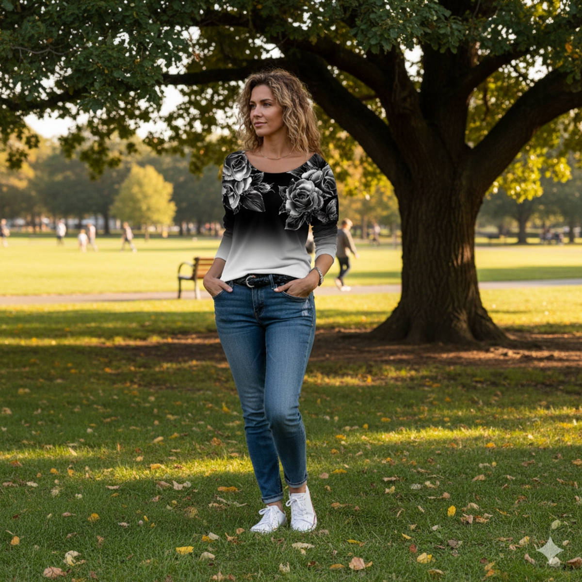 Icone™ FloralLongsleeves: Dame Afslappet Komfort Top Rund Hals Blomstret Langærmet