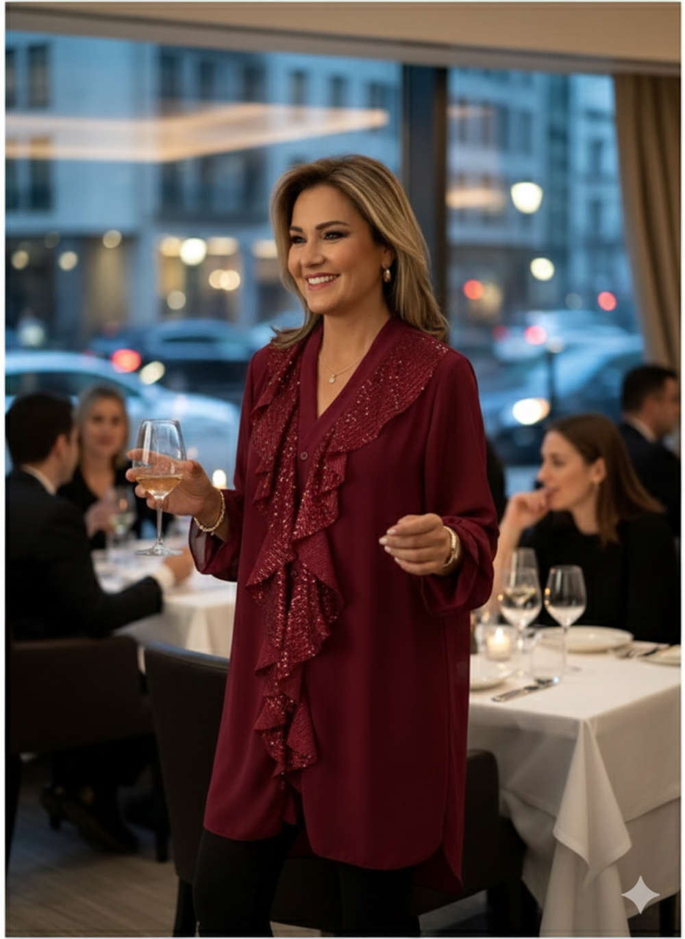 Icone™ SequinBlouse: Kvinders Ruffled V-hals Løs Pasform Lang Paillet Bluse