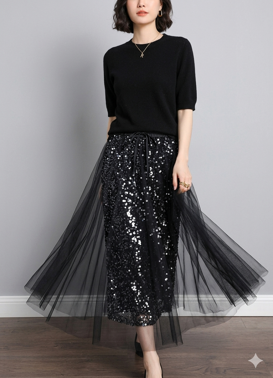 Icone™ SparkleSet: Casual Elegant Top Og Skinnende Tulle Sparkle Sæt