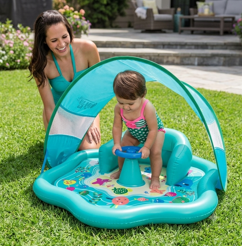 Kletshuts™ WaterMat - Oppustelig Baby Plaske Vandlegemåtte Med Solsejl