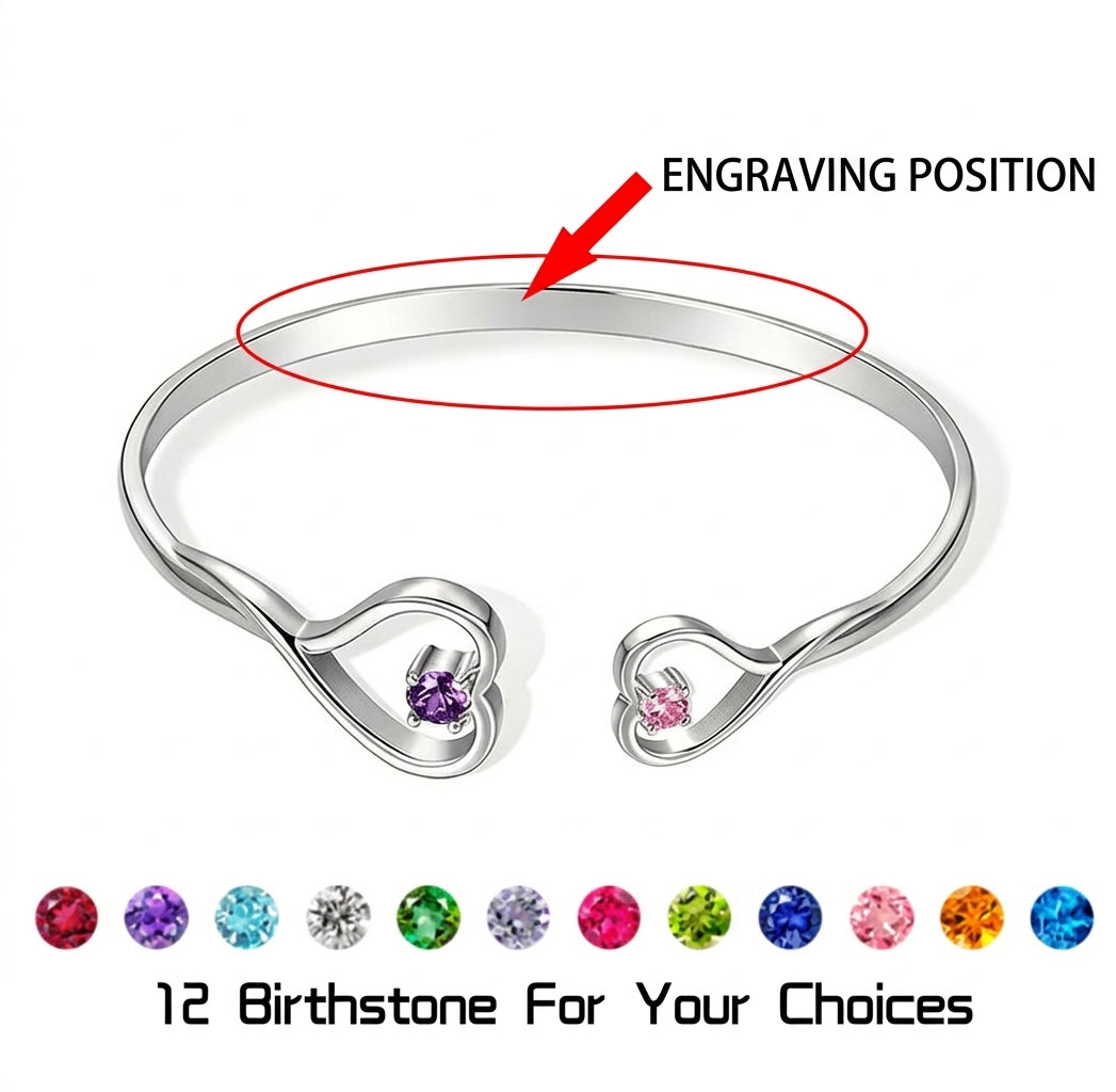Jewelance™ HeartBangle - Personlig Gravering Hjerte Bangle Dobbelt Fødselssten Modearmbånd