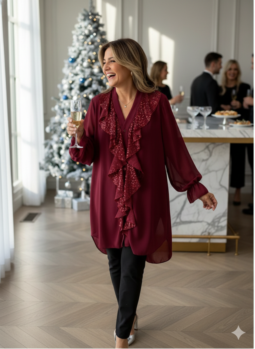 Icone™ SequinBlouse: Kvinders Ruffled V-hals Løs Pasform Lang Paillet Bluse