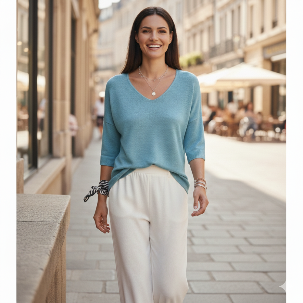 Icone™ KnittedTop: Kvinder V-Hals Mid-Ærme Let Strikkede Top