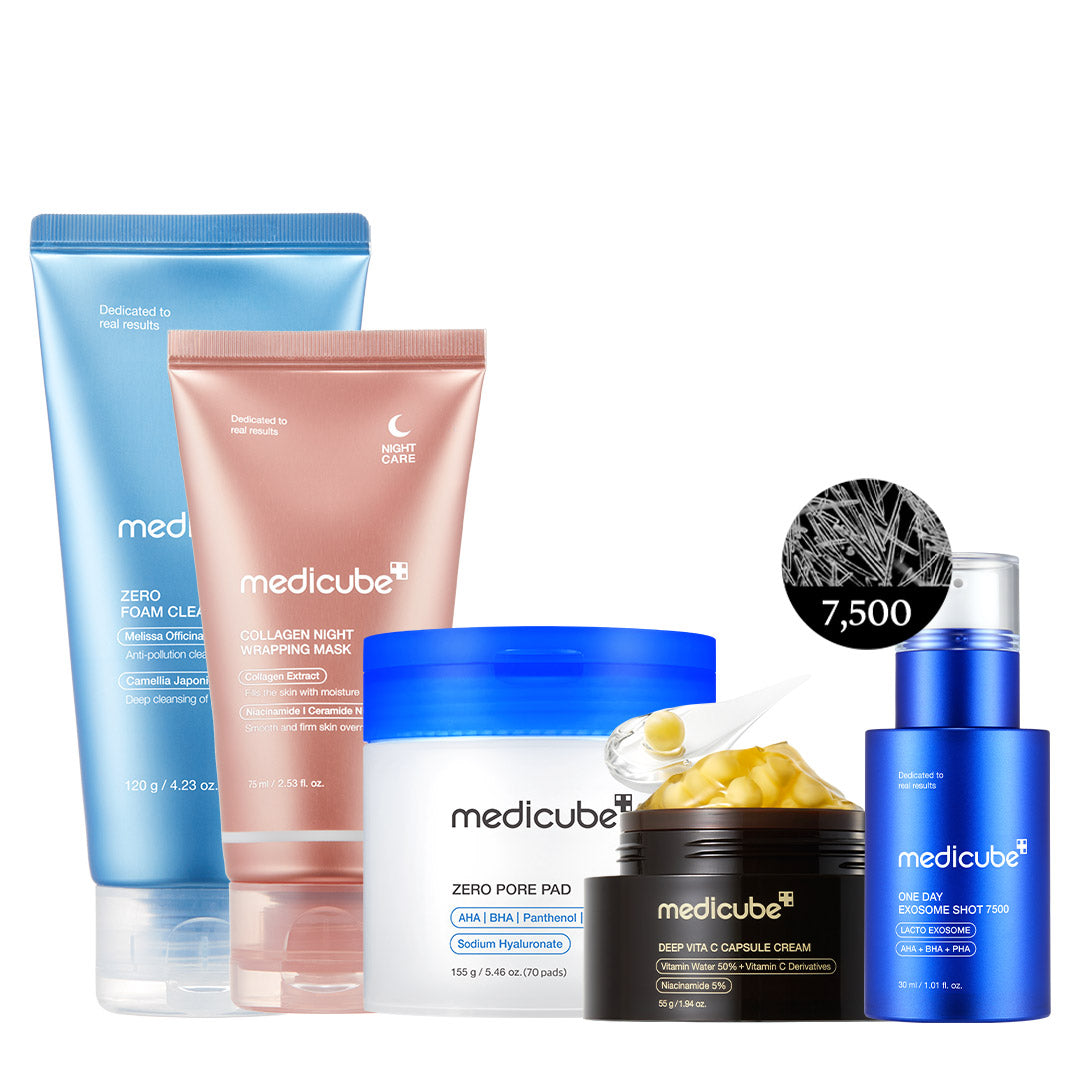 Plejesæt til 7-dages rutine med rens, pads, serum, creme og natmaske