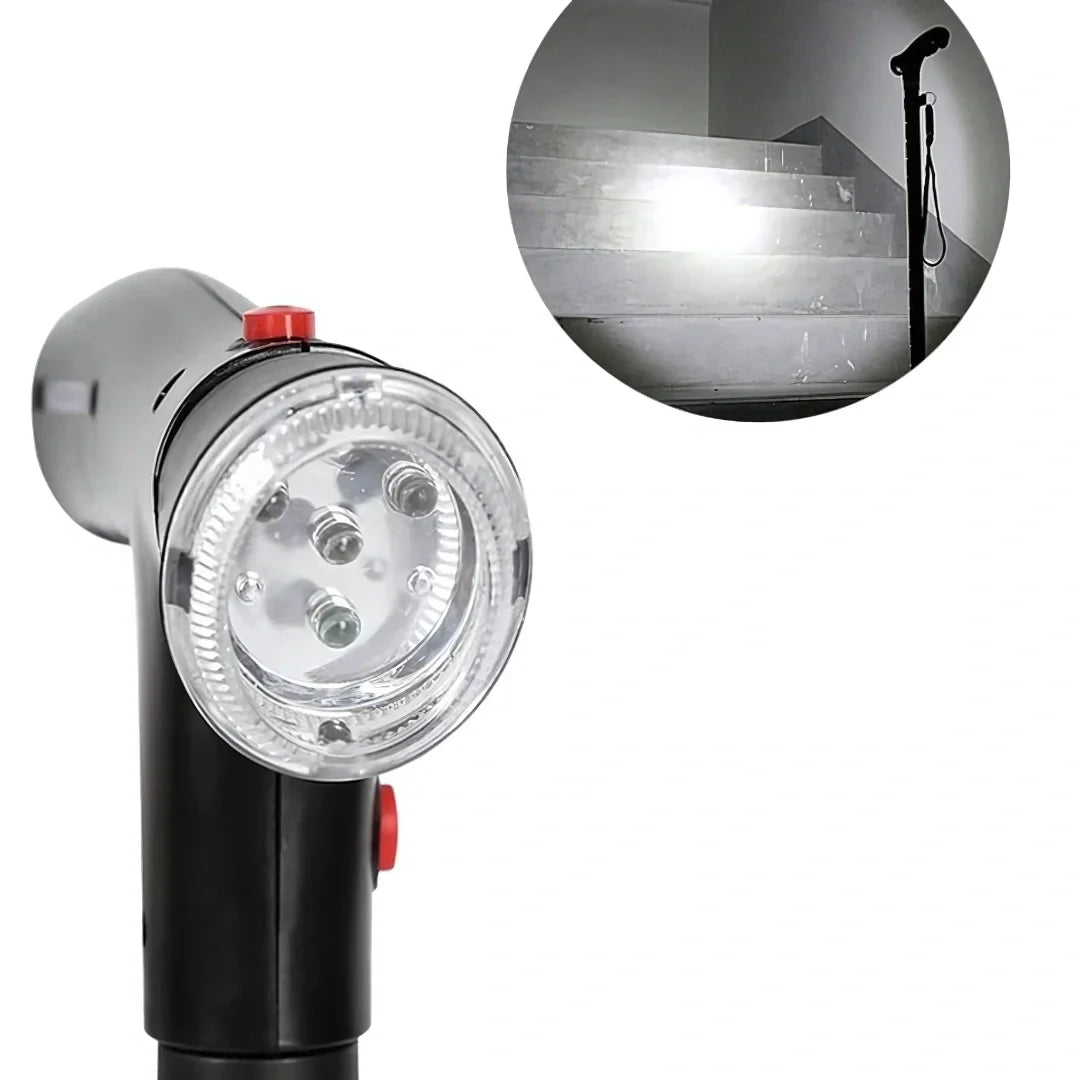 Sammenklappelig gangstok med LED-lys og alarm