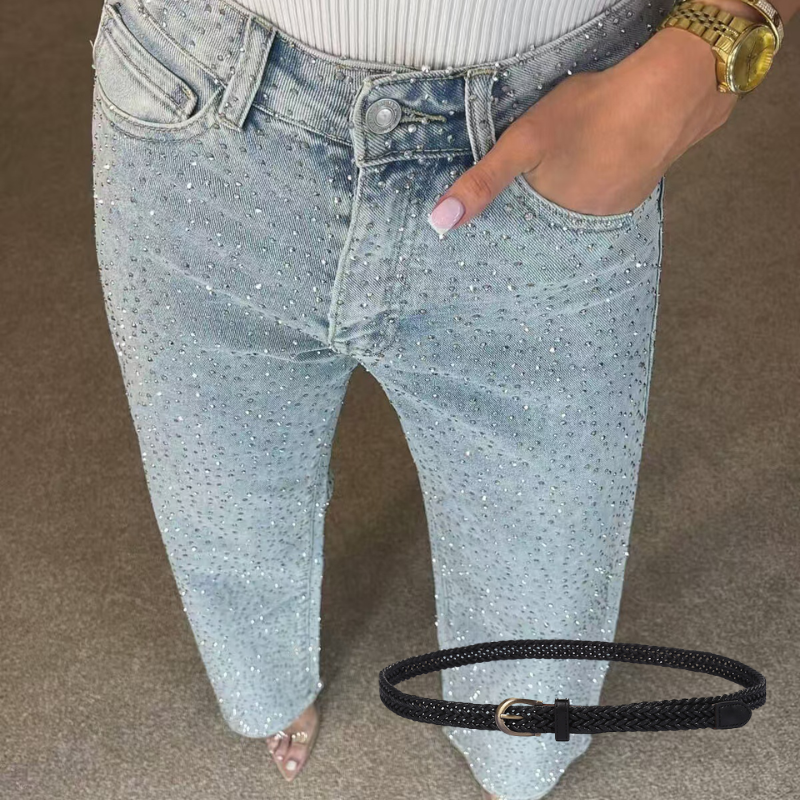 Icone™ SparklingJeans: Rhinsten-Udsmykkede Højtaljede Lige-Ben Mousserende Jeans Med Bælte