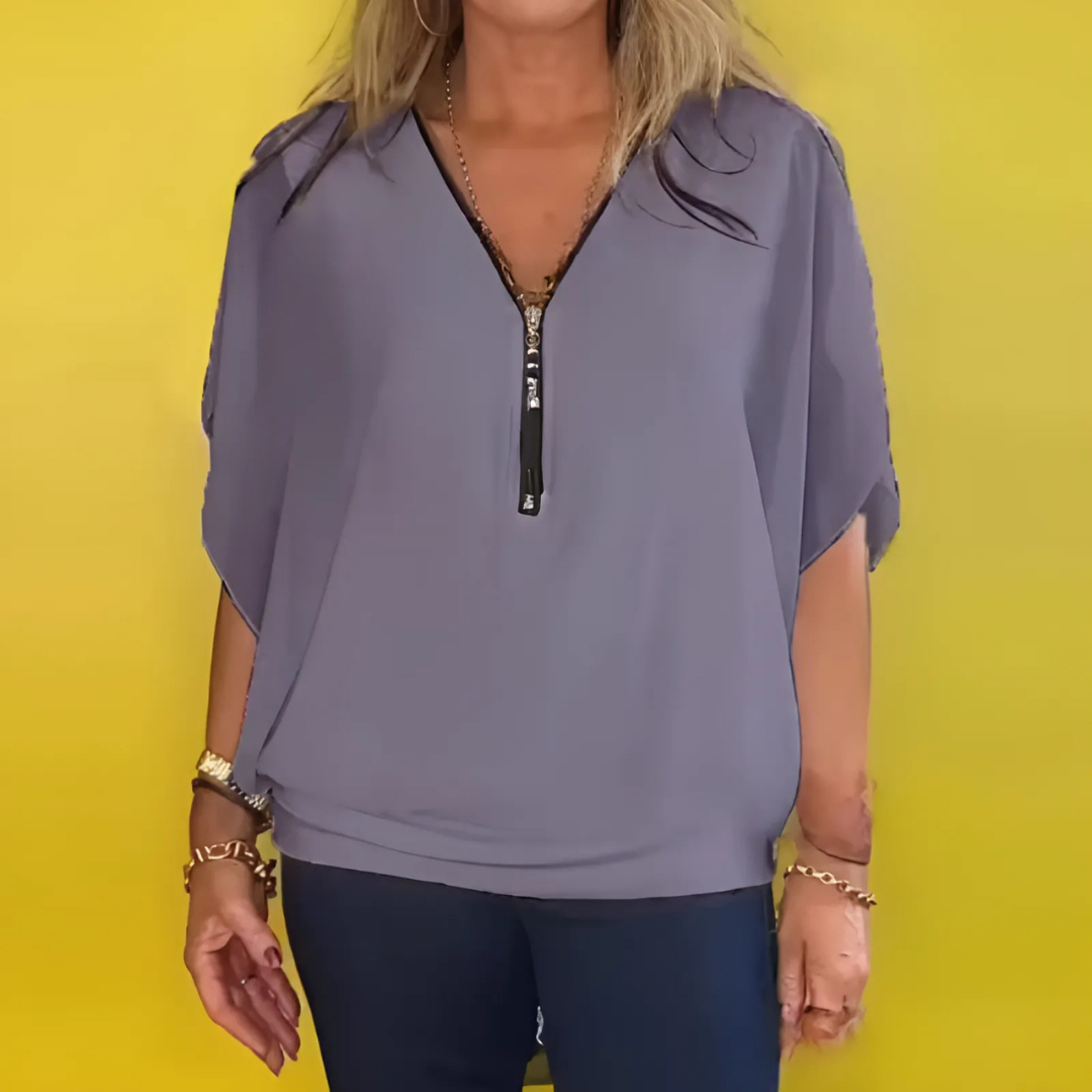 Icone™ LooseBlouse: Komfortabel V-Hals Med Lynlås Løs Bluse Til Kvinder