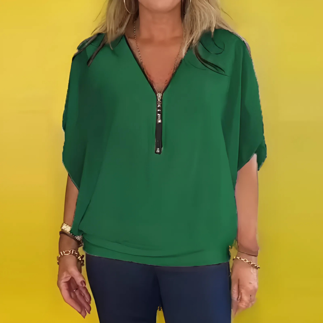 Icone™ LooseBlouse: Komfortabel V-Hals Med Lynlås Løs Bluse Til Kvinder