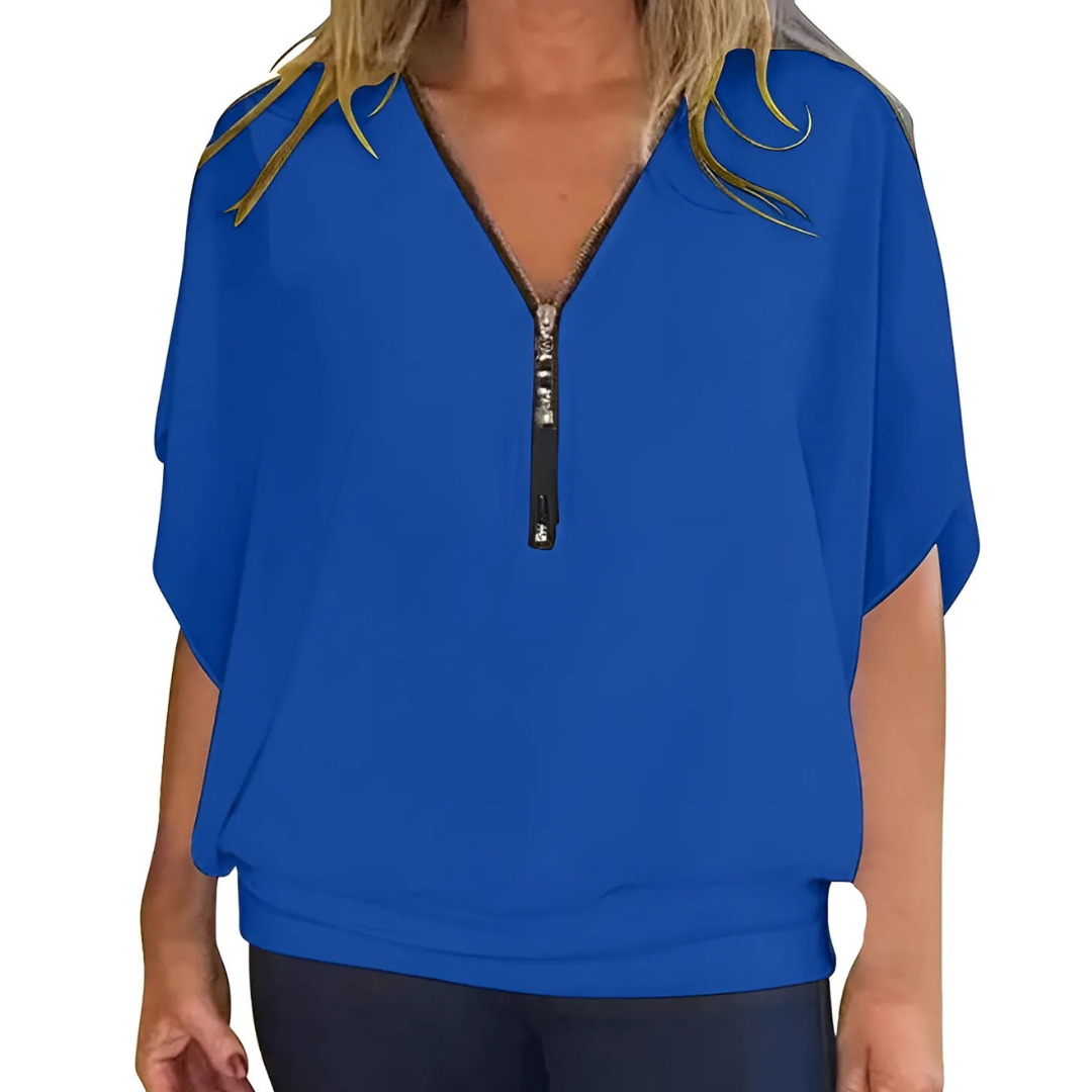 Icone™ LooseBlouse: Komfortabel V-Hals Med Lynlås Løs Bluse Til Kvinder