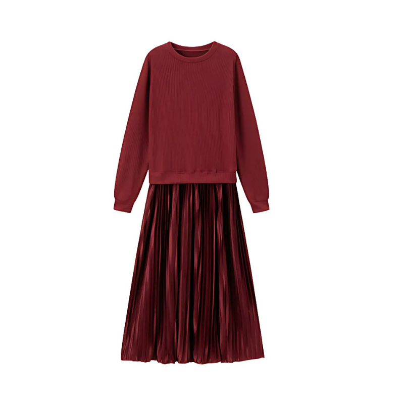 Icone™ PleatedDress: Langærmet Top Med Elegant Plisseret Nederdel Kjole