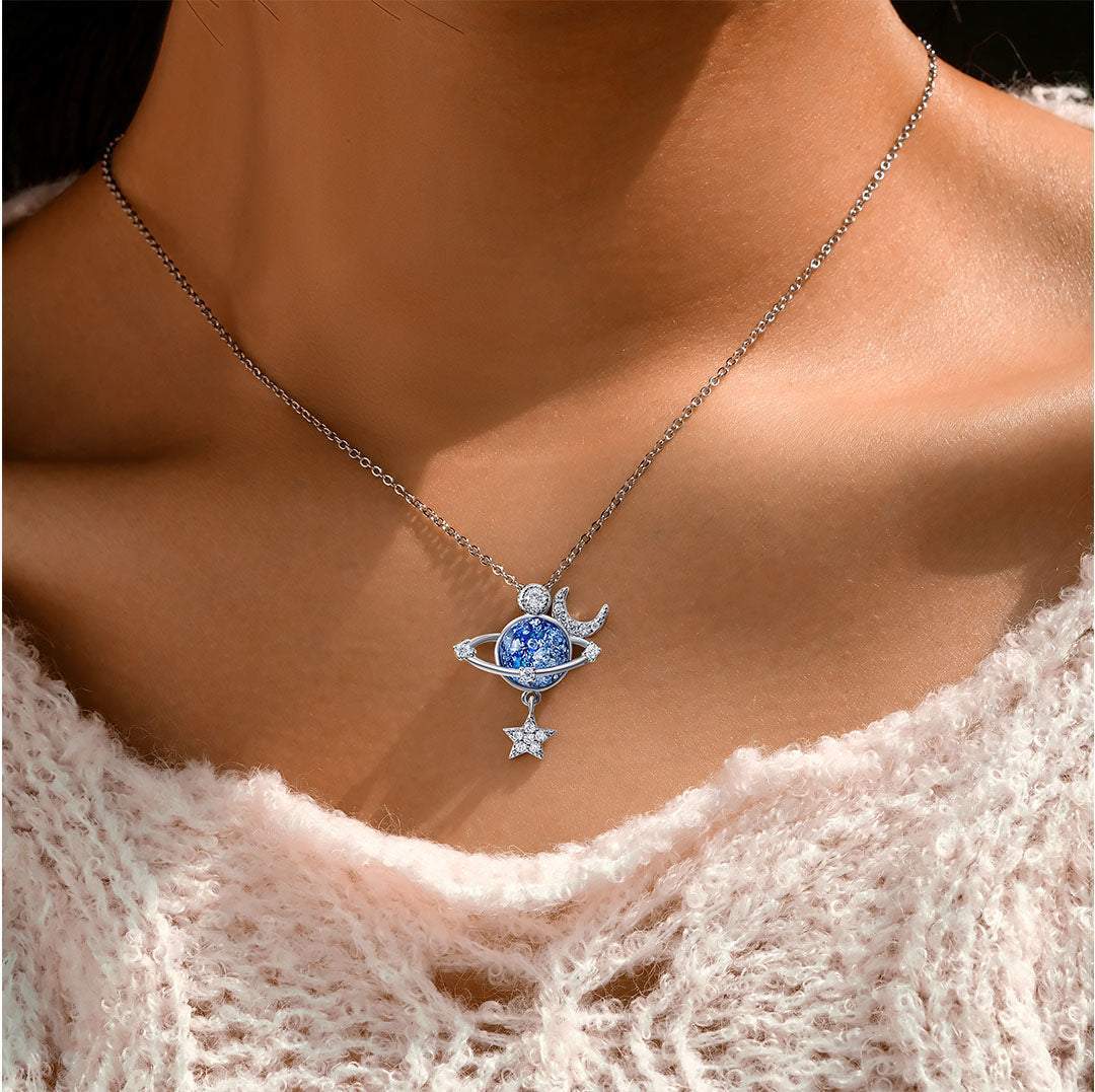 Jewelance™ MoonNecklace 1+1 GRATIS: Blå Planet Stjerne Måne Vedhæng Halskæde