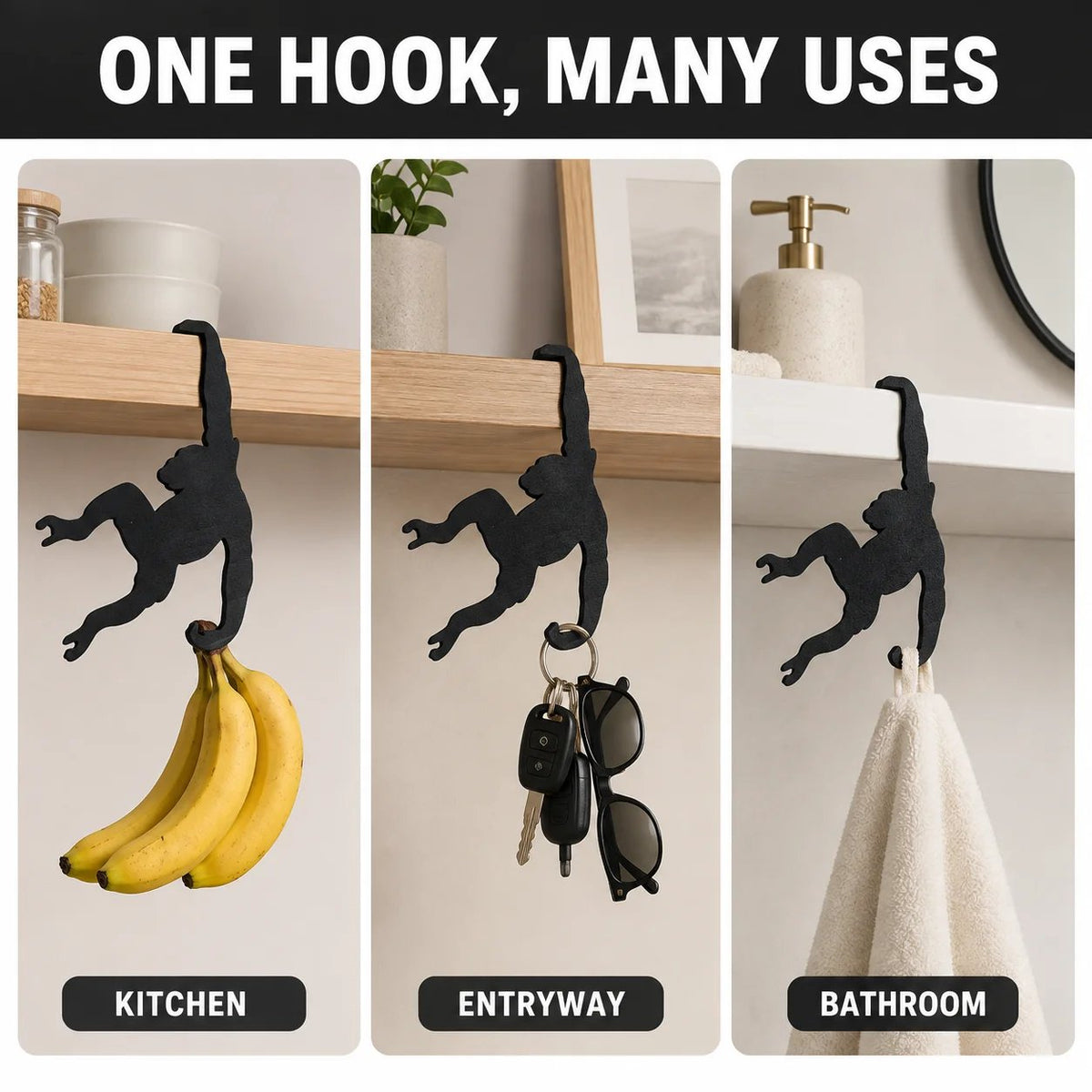 GlideHold® MonkeyHook 3+3 GRATIS: Kreativ Træ Hængende Abefigur Vægkrog