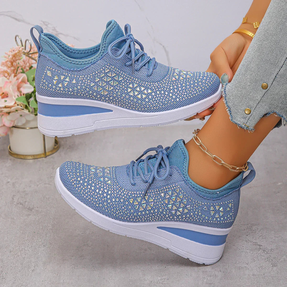 Happy™ WomenSneakers: Stilfuld Åndbar Kile Kvinder Sneakers Med Glitrende Rhinsten