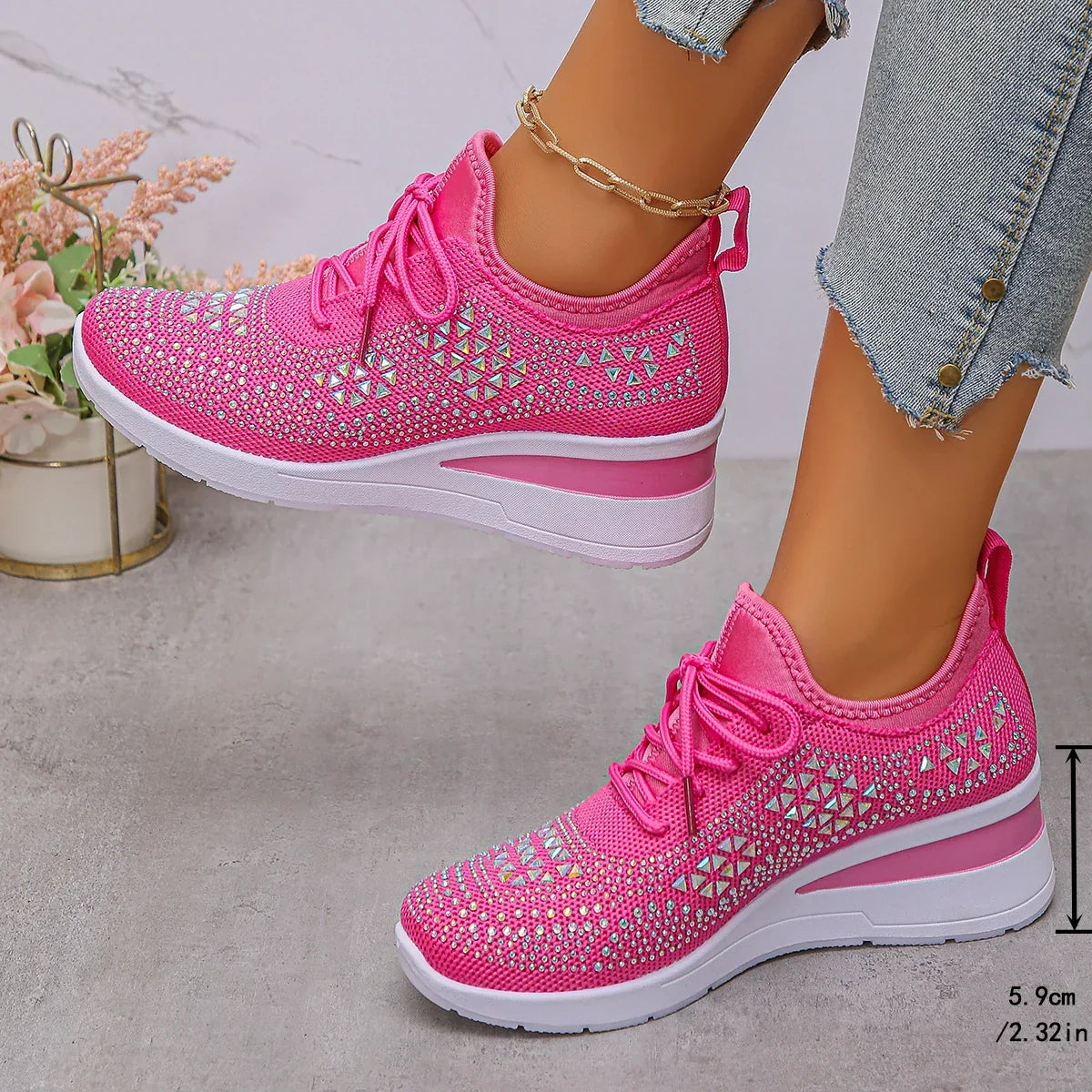 Happy™ WomenSneakers: Stilfuld Åndbar Kile Kvinder Sneakers Med Glitrende Rhinsten