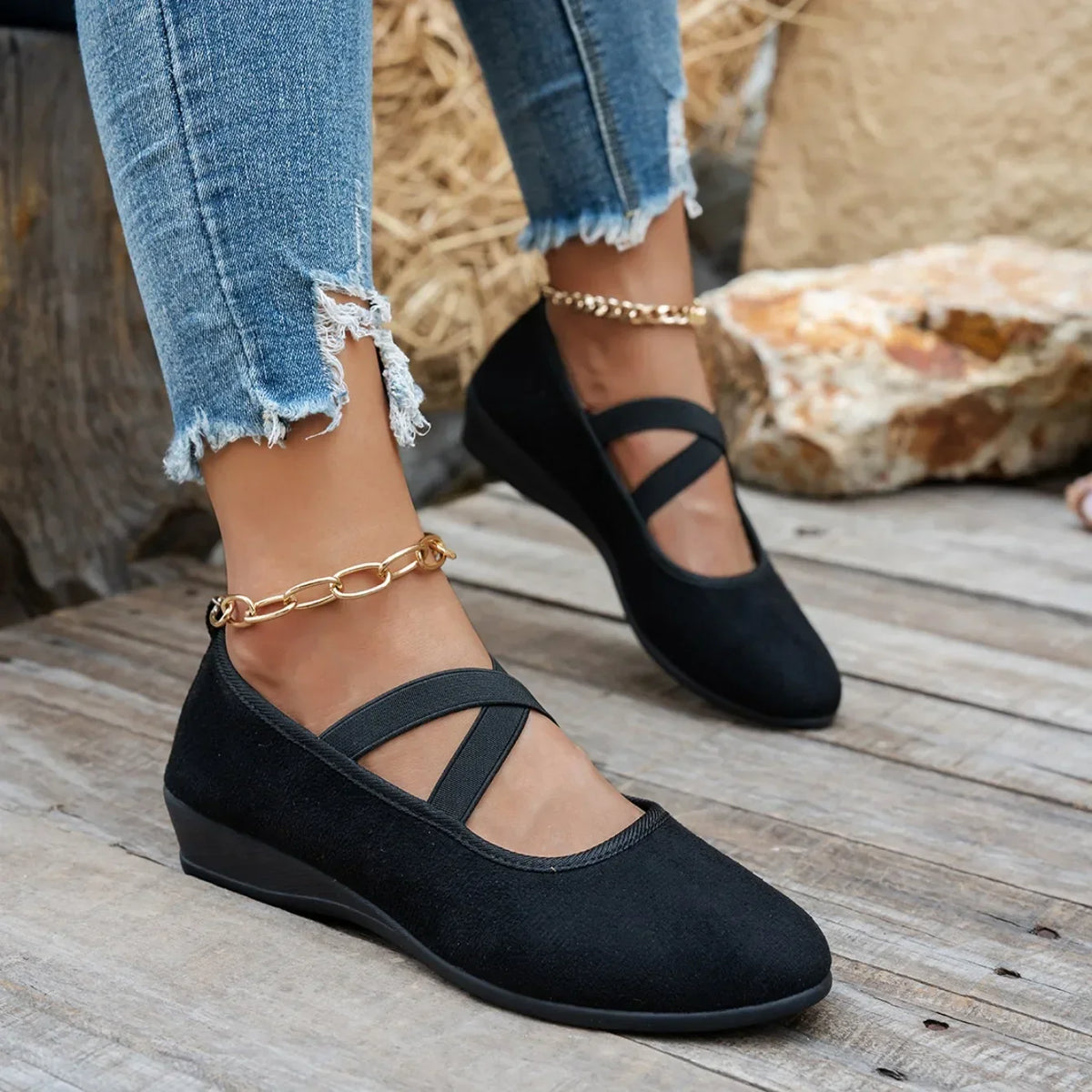 Happy™ BallerinaShoes: Kvinders Criss-Kryds Lukket Lav-Hæl Ballerina Sko