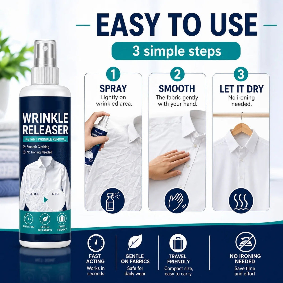 WrinkleSpray 1+1 GRATIS: Sikker Formel Øjeblikkelig Tøjkrøllefjerner Spray