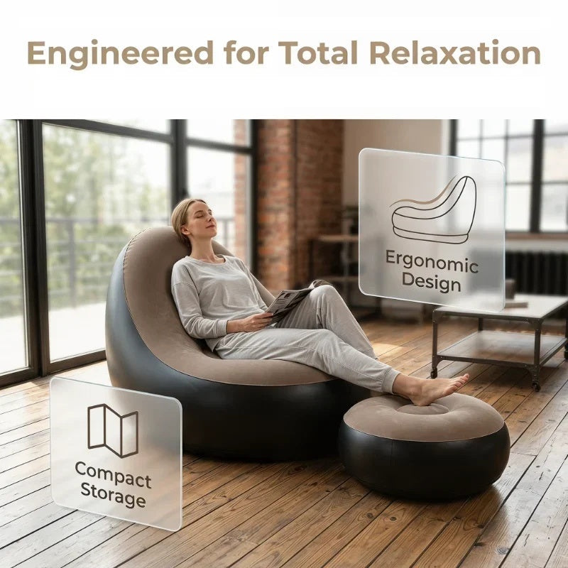 UltiFurni® InflatableSofa: Bærbar Komfortabel Stilfuld Oppustelig Sofa og Fodskammel