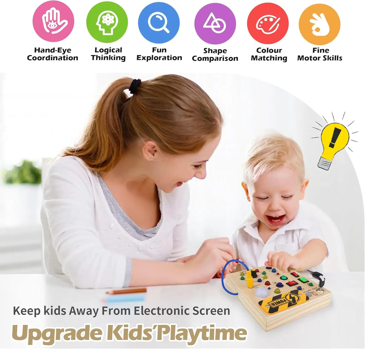Kletshuts™ SensoryBoard - Montessori Sensorisk Tavle Med Lygter Og Kontakter