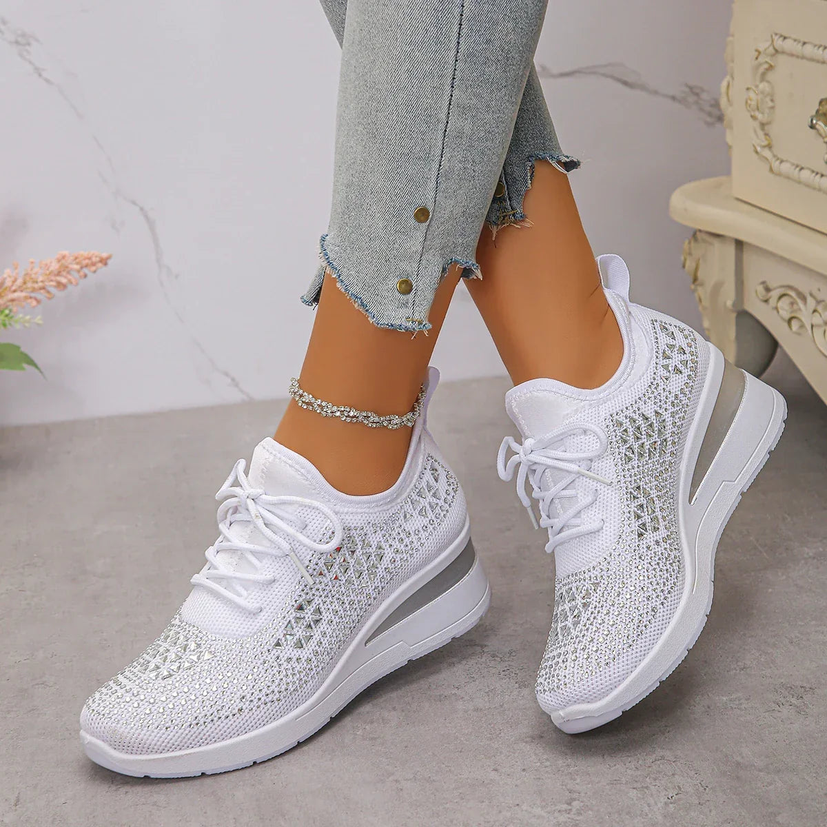 Happy™ WomenSneakers: Stilfuld Åndbar Kile Kvinder Sneakers Med Glitrende Rhinsten