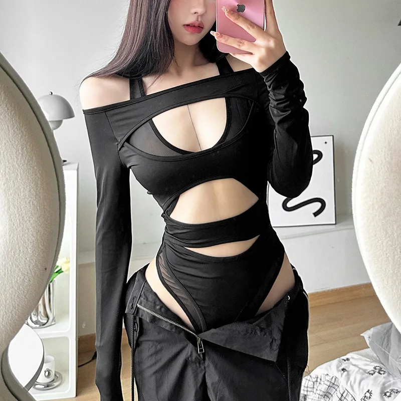 Icone™ MeshBodysuit: Kvinders Hul-Ud Langærmet Mesh Bodysuit